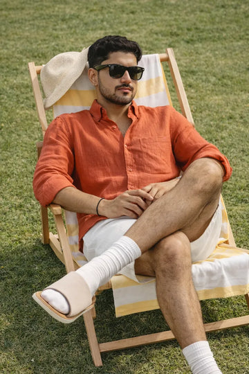 100% PURE LINEN RUSTIC RED BUTTON DOWN CASUAL SHIRT