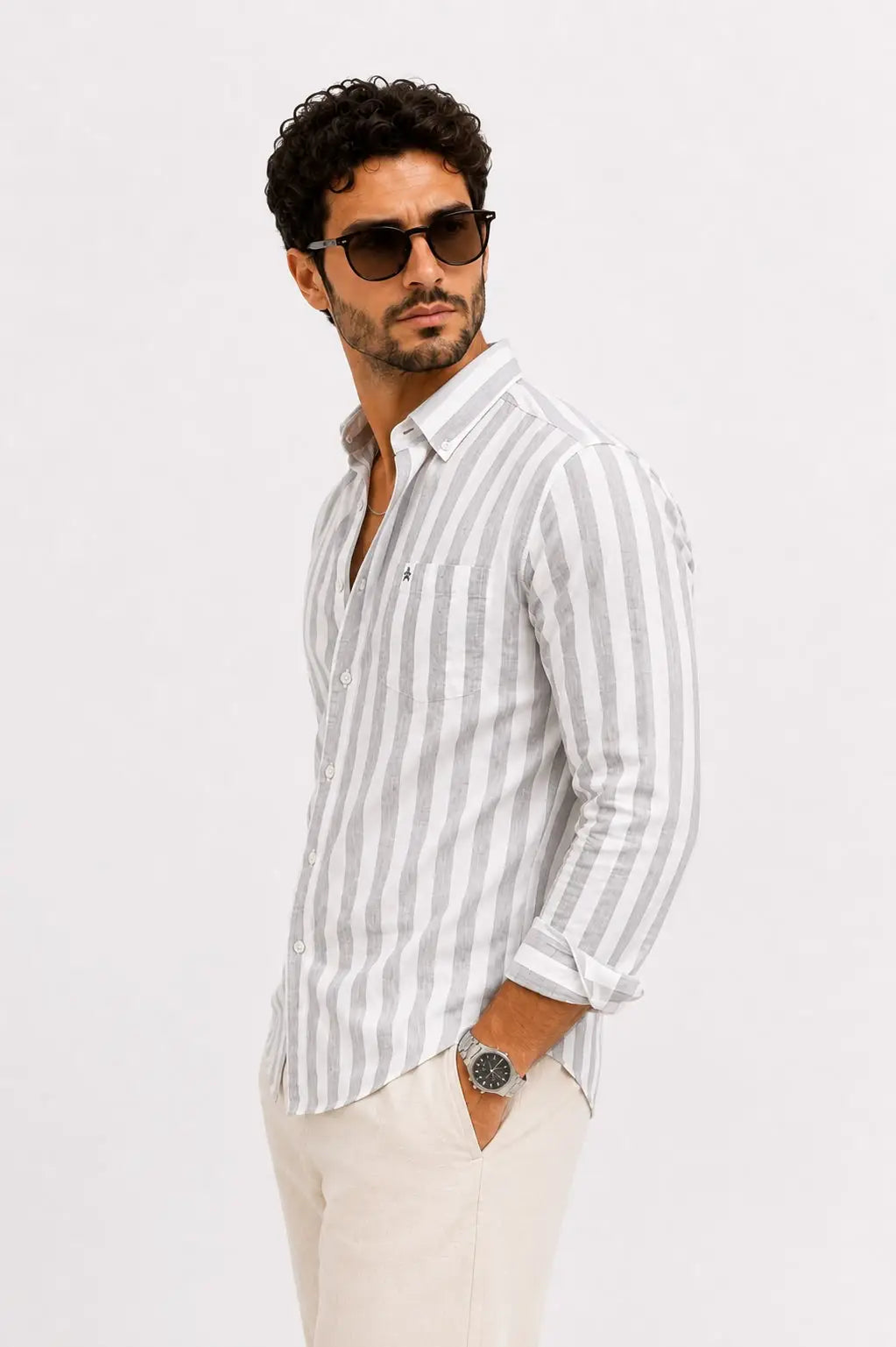 Grey Regular Fit Striped Casual Shirt - XKIND