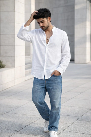 WHITE LINEN BLEND MANDARIN SHIRT