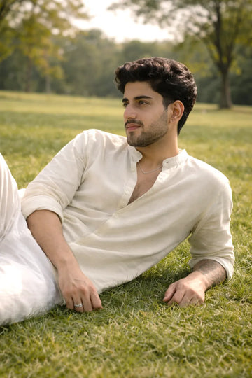 TEA GREEN LINEN BLEND MANDARIN COLLAR SHIRT