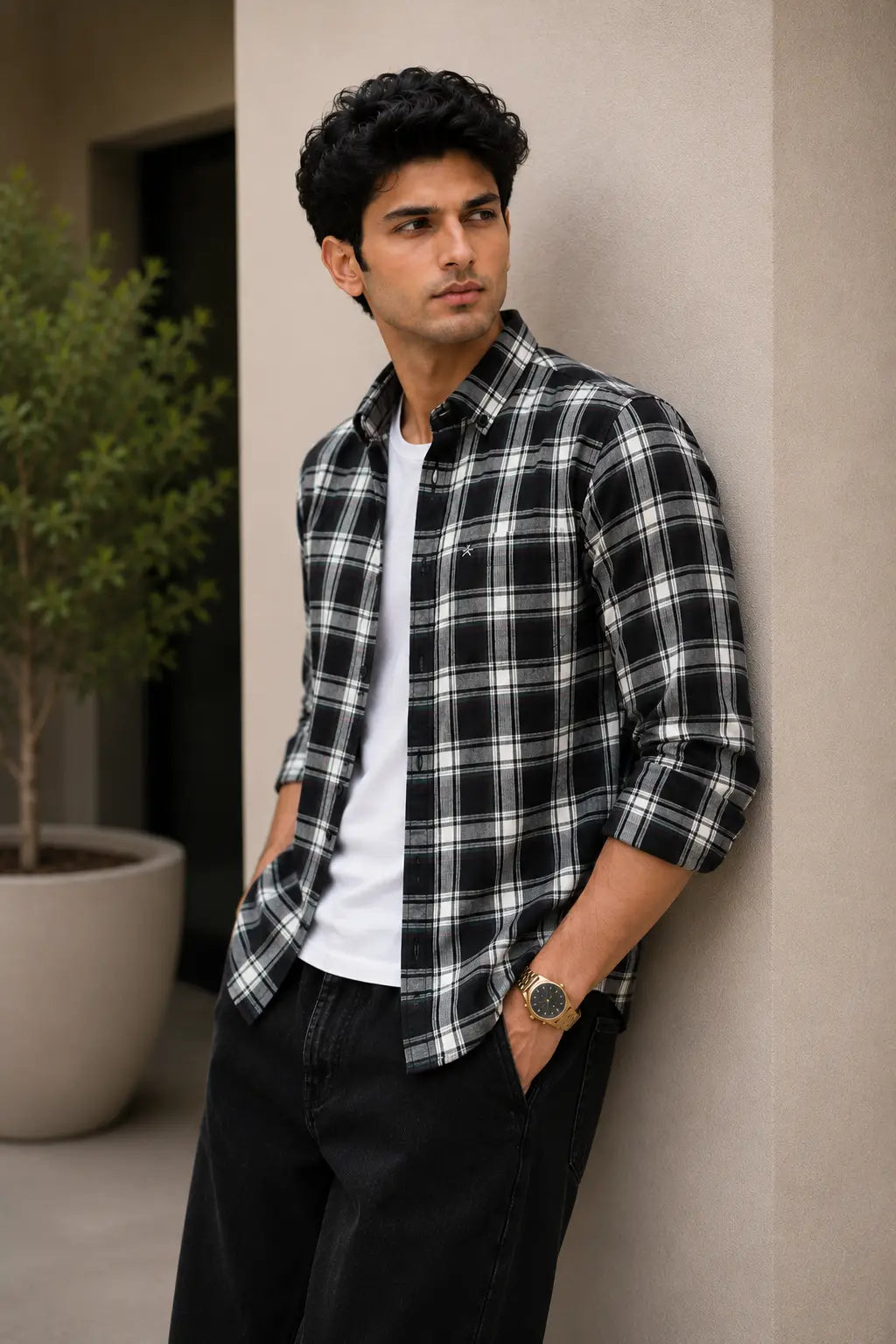 XKIND'S BLACK CHECKS REGULAR FIT CASUAL SHIRT