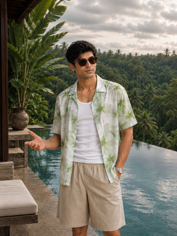Green Printed Shirt Relaxed Fit Cuban Collar - XKIND
