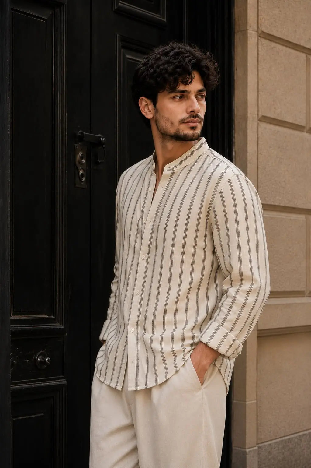 Men Beige Slim Fit Striped Casual Shirt - XKIND
