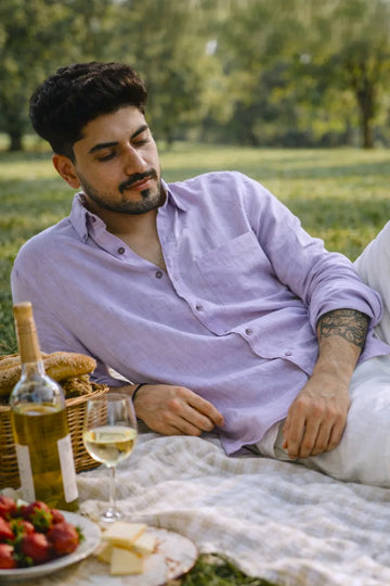 100% PURE LINEN LAVENDER BUTTON DOWN CASUAL SHIRT