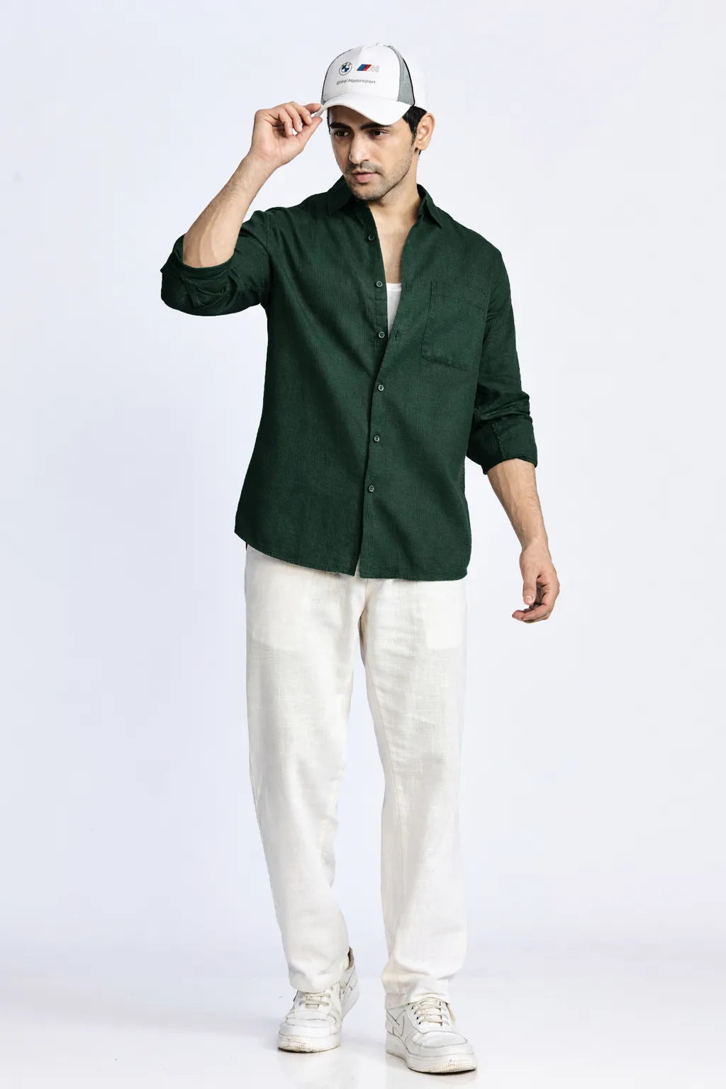 BOTTLE GREEN CROPPED FIT TEXTURED SHIRT