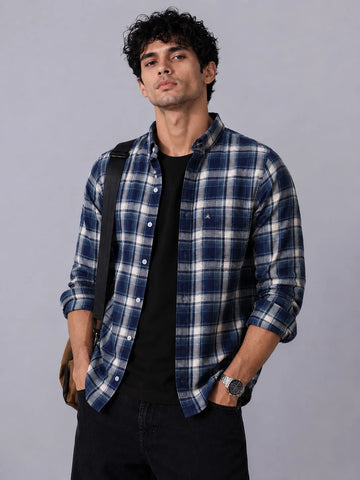 XKIND'S NAVY CHECKS REGULAR FIT CASUAL SHIRT