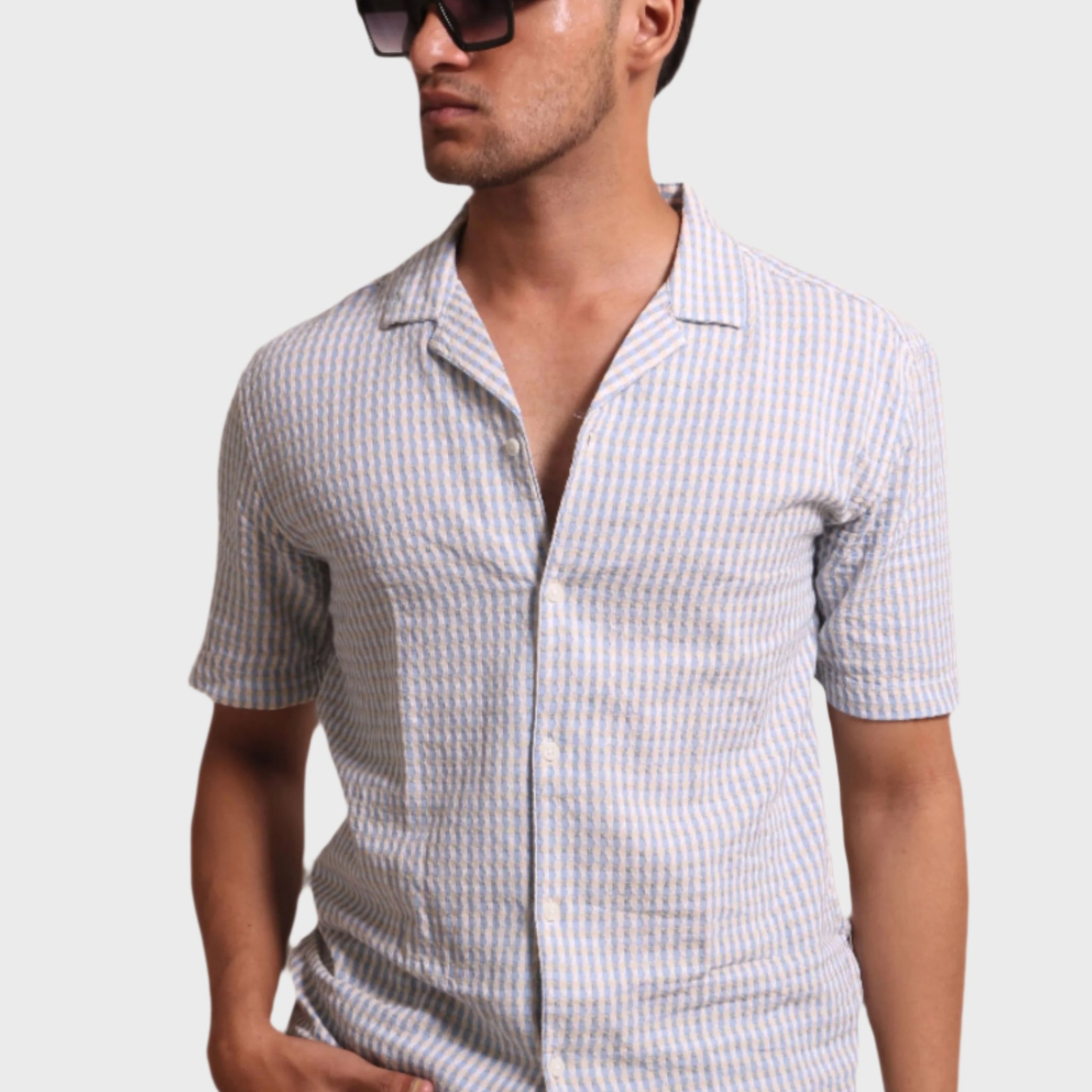 LIGHT BLUE TEXTURED FINE CHECKS RELAXED FIT - XKIND