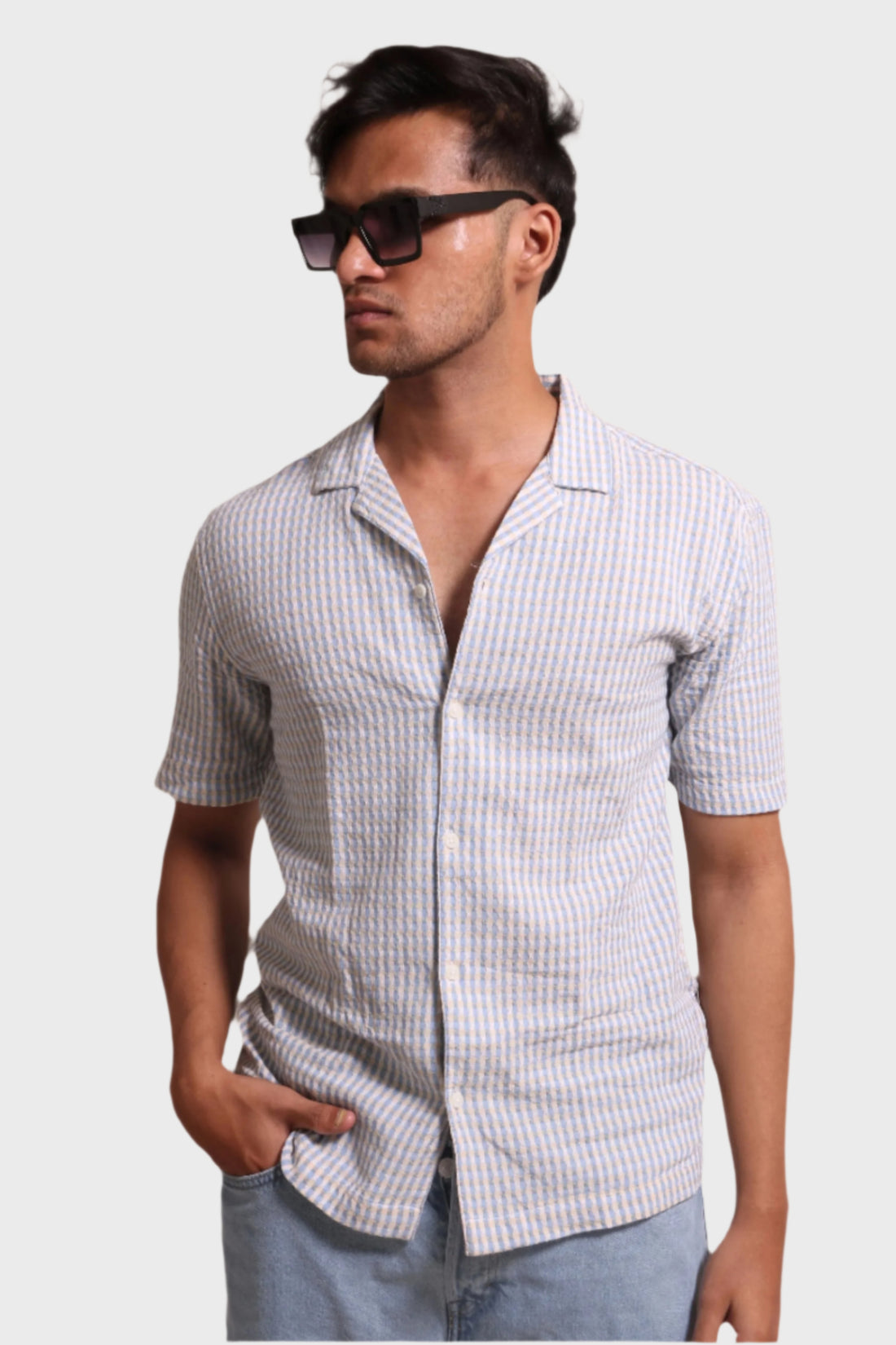 LIGHT BLUE TEXTURED FINE CHECKS RELAXED FIT - XKIND