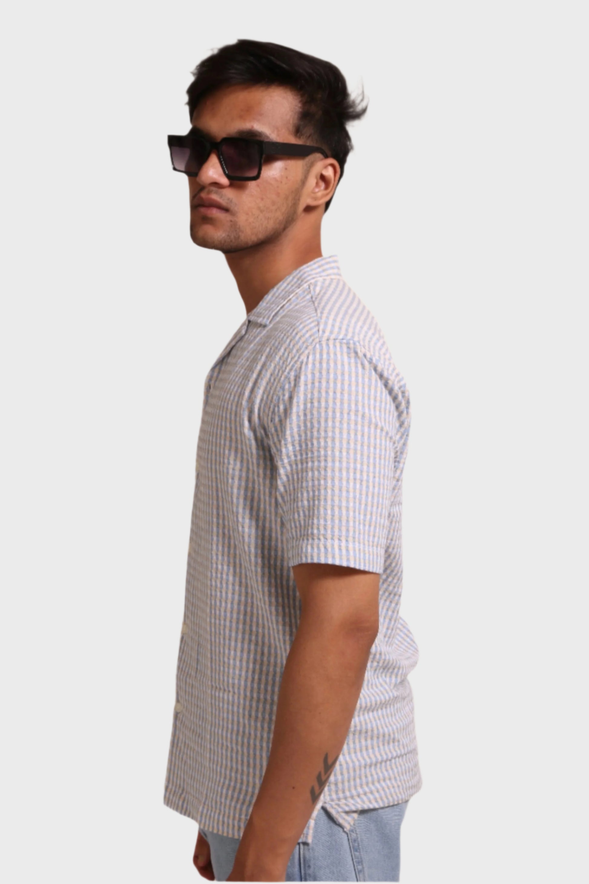 LIGHT BLUE TEXTURED FINE CHECKS RELAXED FIT - XKIND