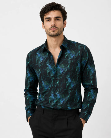 XKIND'S TEAL PRINTED SLIM FIT SHIRT