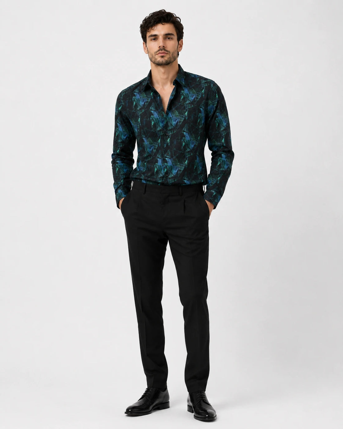 XKIND'S TEAL PRINTED SLIM FIT SHIRT