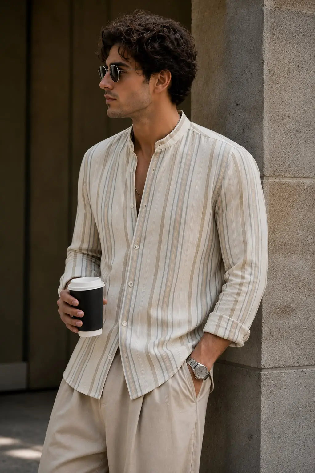 Brown Slim Fit Striped Casual Men Shirt - XKIND