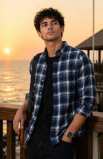 XKIND'S NAVY CHECKS REGULAR FIT CASUAL SHIRT
