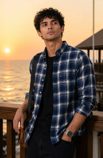 XKIND'S NAVY CHECKS REGULAR FIT CASUAL SHIRT