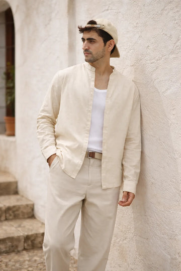 BEIGE LINEN BLEND MANDARIN COLLAR SHIRT