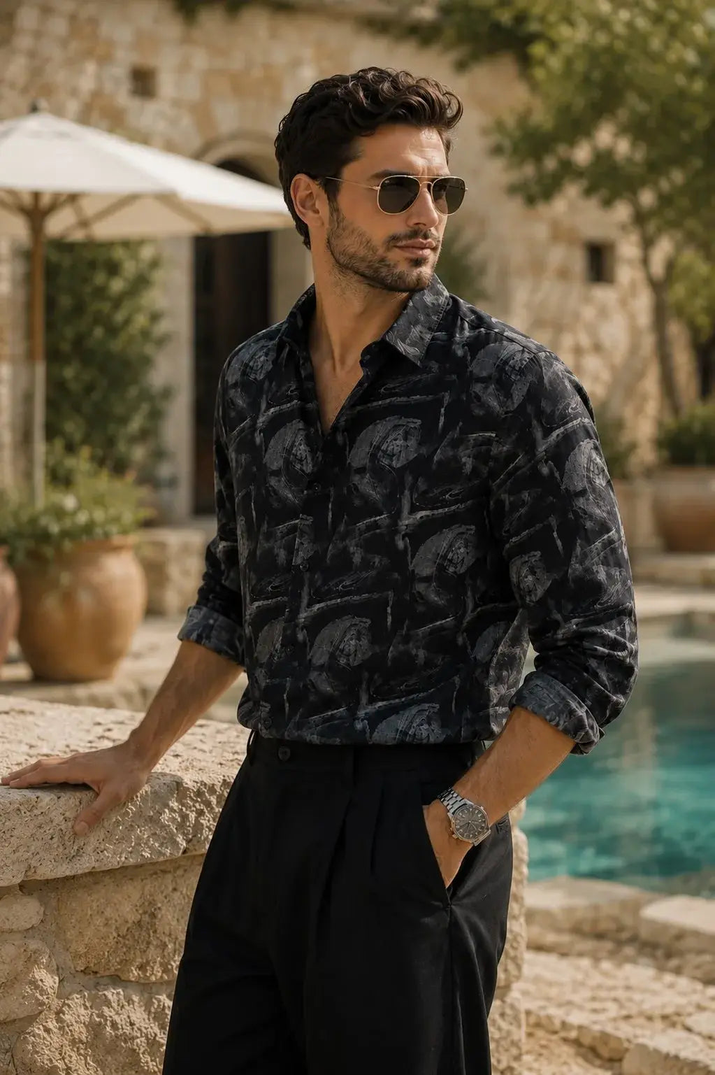 XKIND'S SLIM FIT BLACK PRINTED SHIRT