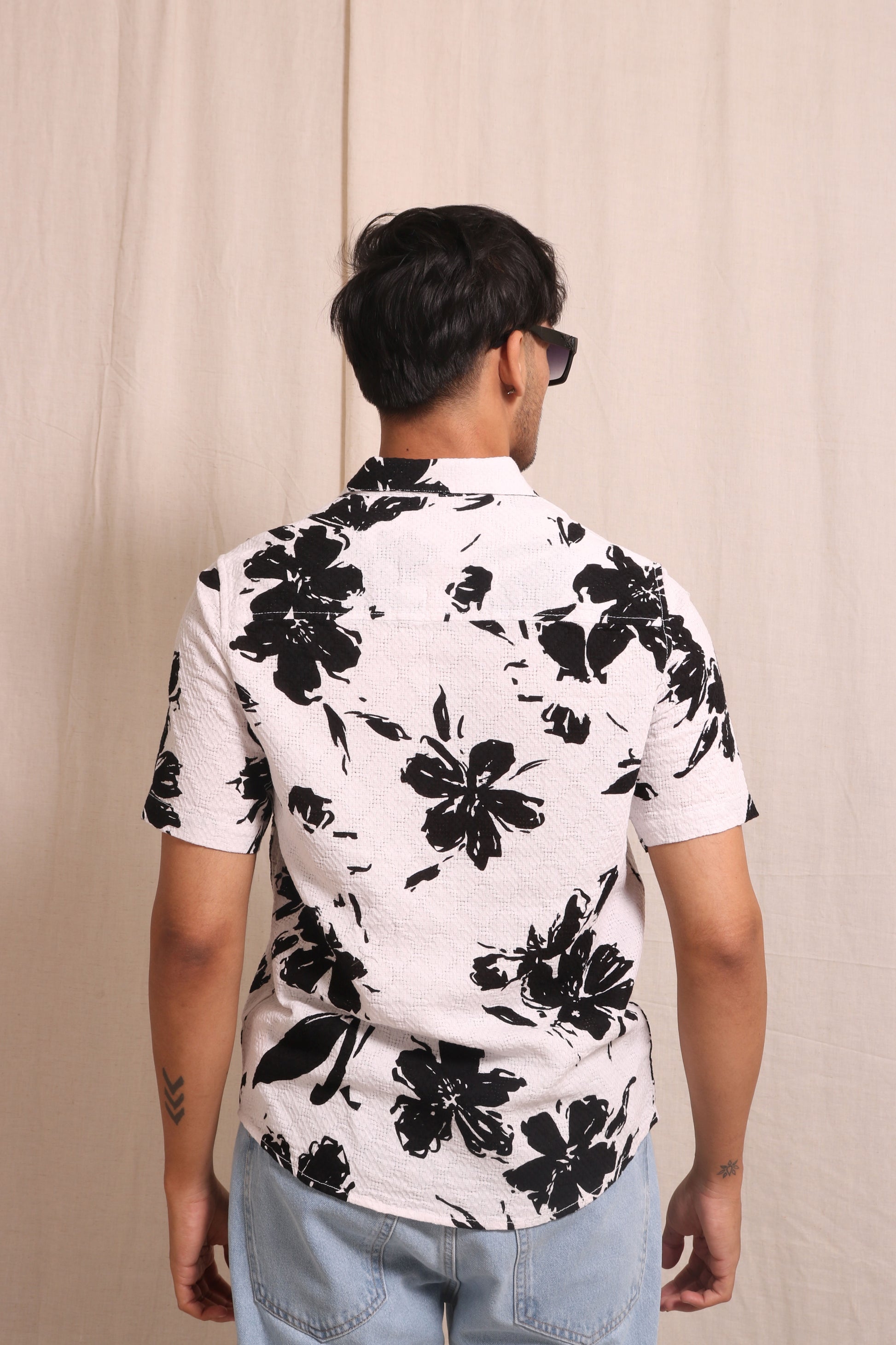 WHITE FLORAL PRINTED TEXTURED REGULAR FIT SHIRT - XKIND