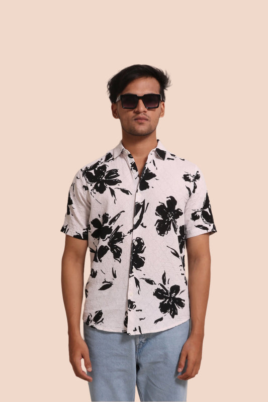 WHITE FLORAL PRINTED TEXTURED REGULAR FIT SHIRT - XKIND