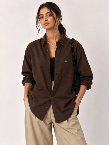 Dark Brown 100% Pure Linen (60's Lea) Shirt for Women - Xkind