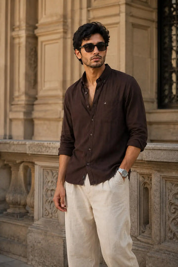 DARK BROWN 100% PURE LINEN BUTTON DOWN CASUAL SHIRT - XKIND'S